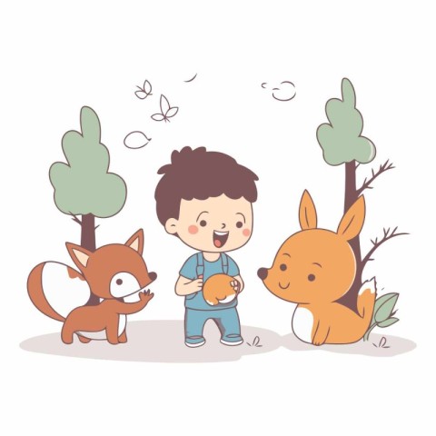 cute little boy playing with squirrel and fox cartoon vector ill