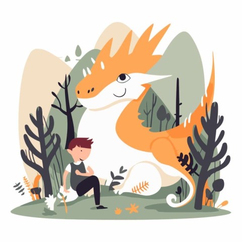 Cute vector illustration of a boy with a dragon in the forest.