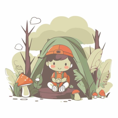 Illustration of a boy camping in the forest.