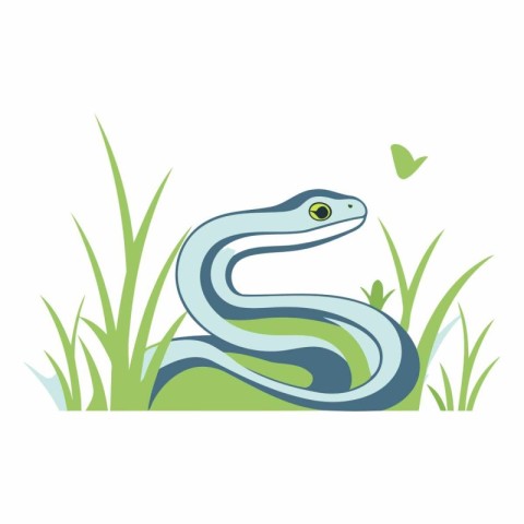 Cute cartoon snake in the grass on white background.