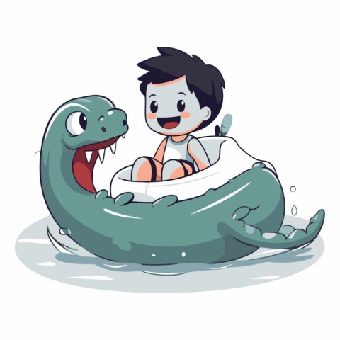 Cartoon crocodile swimming in an inflatable boat.