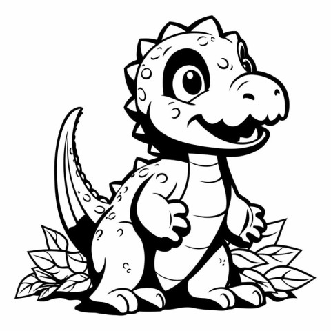 Cute Dinosaur - Black and White Cartoon Illustration. Isolated O