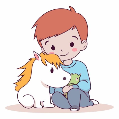 Cute little boy playing with a white horse.