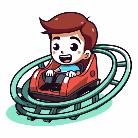 Cartoon boy sliding on roller coaster. Vector clip art illustrat