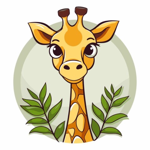 Giraffe head with leaves. Cute cartoon vector illustration.