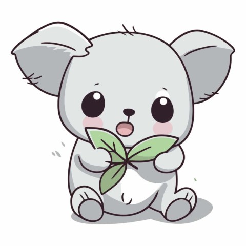 Cute cartoon koala holding a green leaf.