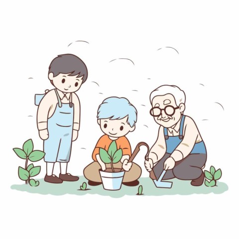 Grandfather and grandson planting tree in the garden.