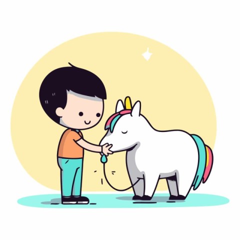 Cute boy playing with a white unicorn. vector cartoon illustrati