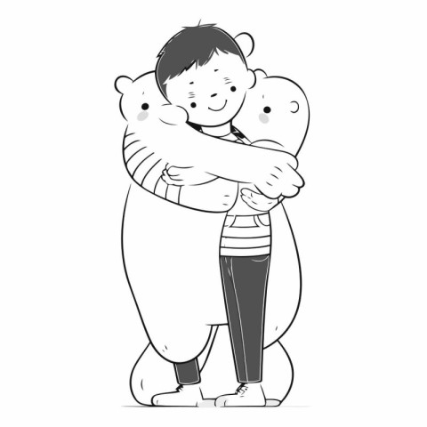 Illustration of a boy hugging a polar bear. Cartoon character.