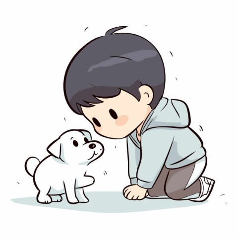 Illustration of a Little Boy Playing with a Cute Puppy