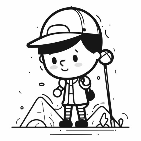 Outline Illustration of a Kid Boy Hiking in the Mountains