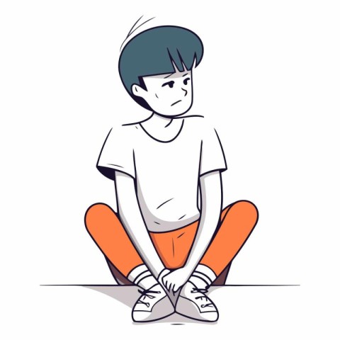 Sad boy sitting on the floor in sketch style.