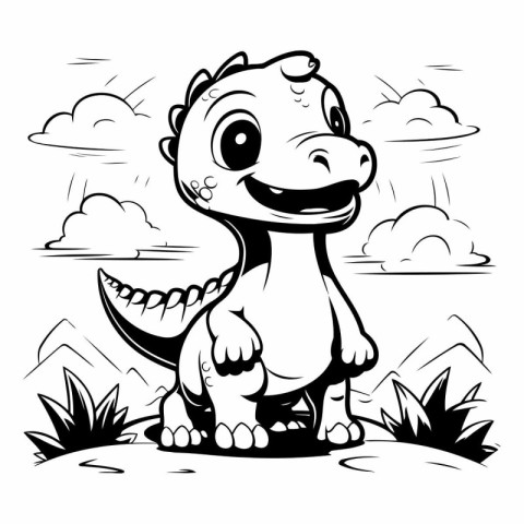 Cute Cartoon Dinosaur - Black and White Cartoon Illustration. Ve