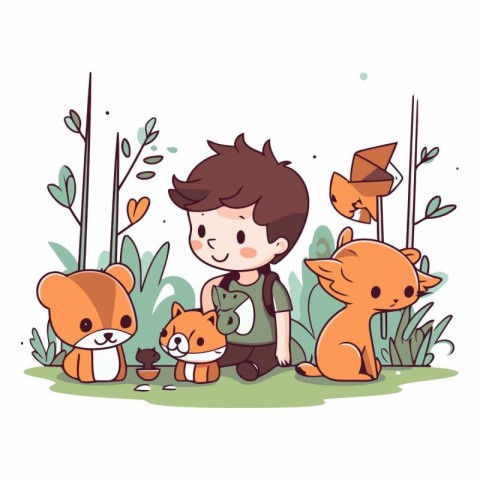 Cute boy and cute animals in the garden.