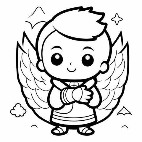 Black and White Cartoon Illustration of Cute Angel Boy Character