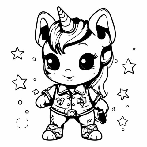 Black and white cartoon illustration of a cute unicorn girl with