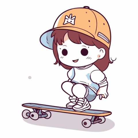 Illustration of a Cute Little Girl Skateboarding on a White Back