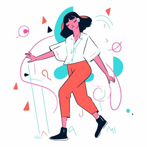 Vector illustration of a girl in a white shirt dancing hip-hop.