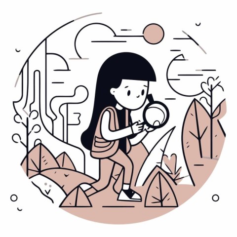 Vector illustration of a girl with a magnifying glass exploring