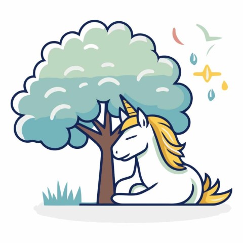 Vector illustration of a cute cartoon unicorn sitting under a tr