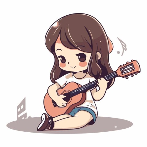 Little girl playing guitar. Cute cartoon character.