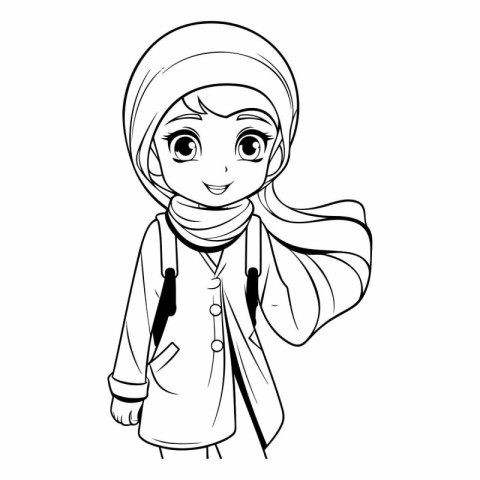 Cute cartoon muslim girl on white background.