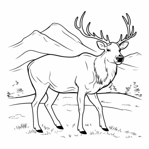 Deer in the mountains. Black and white vector illustration for c