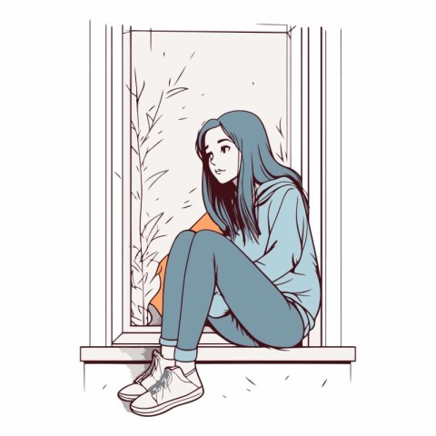 Sad girl sitting on the windowsill. sketch style vector illustra