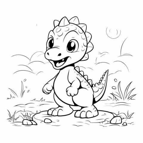 Cute little dinosaur. Black and white vector illustration for co