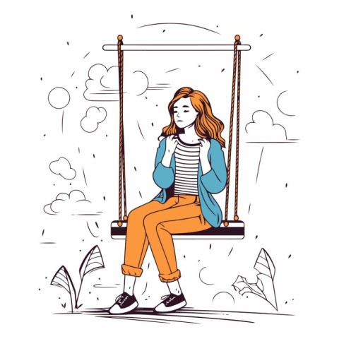 Young woman sitting on a swing in sketch style.