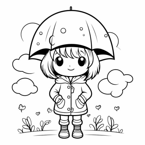 Cute little girl in raincoat and umbrella.