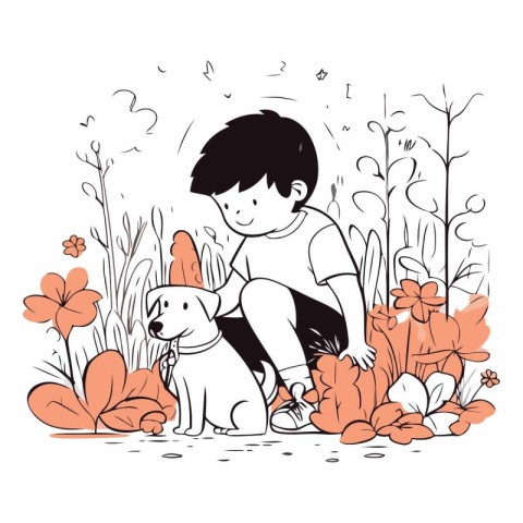 Boy playing with dog in the garden. Hand drawn vector illustrati