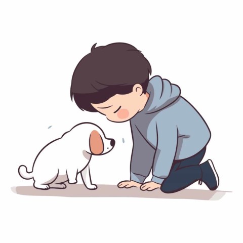 Little boy playing with his dog. Cute cartoon vector illustratio