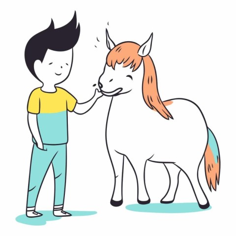 Cute little boy with a pony. Vector hand drawn illustration.