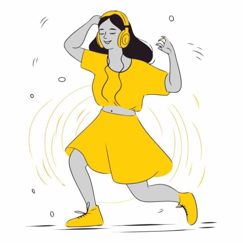 Vector illustration of a happy woman listening to music with hea