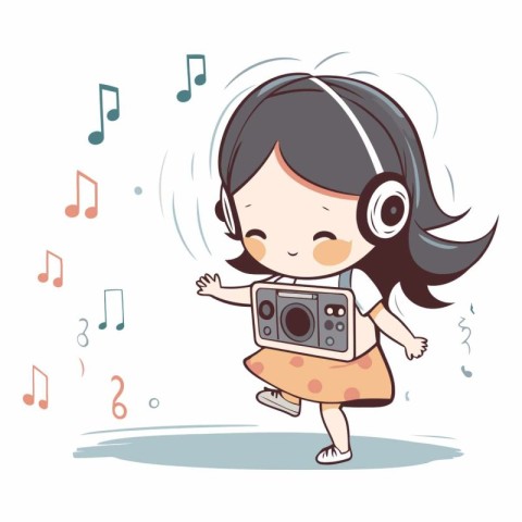 Cute cartoon girl listening to music with headphones.