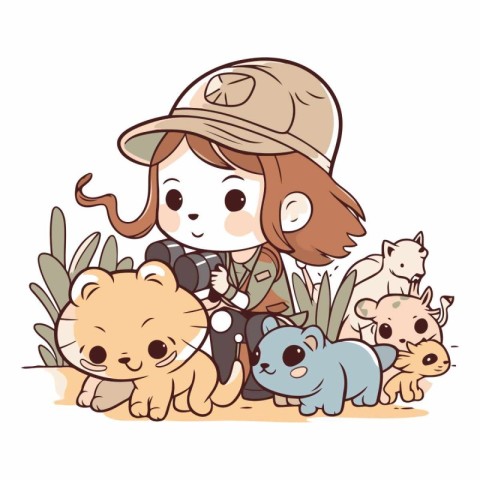 Illustration of a Cute Girl with Her Cats in the Garden