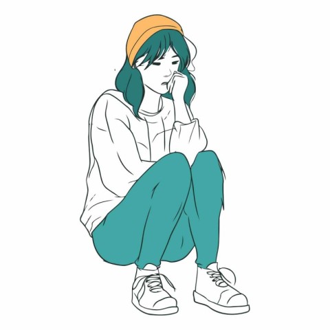 Illustration of a sad young woman sitting on the ground and cryi