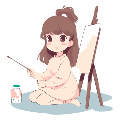 Cute little girl painting a picture on easel