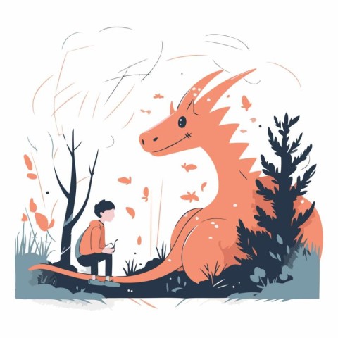 Vector illustration of a boy reading a book in the forest with a