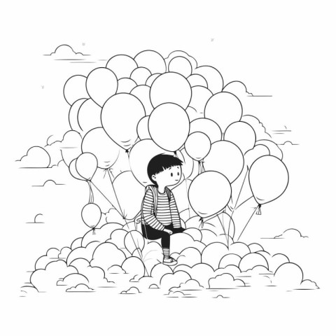 cute little boy with balloons helium in the landscape vector ill