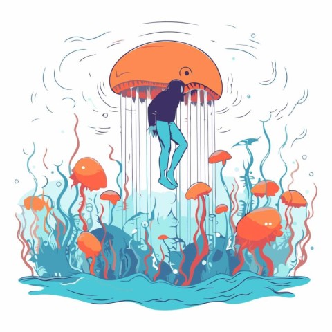 Sea life with jellyfish and jellyfish. Cartoon vector illustrati