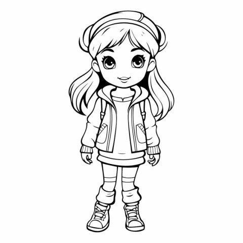 Cute little girl in winter clothes for coloring book.