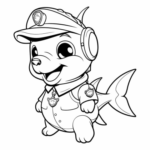 Black and White Cartoon Illustration of Cute Little Fish Sailor