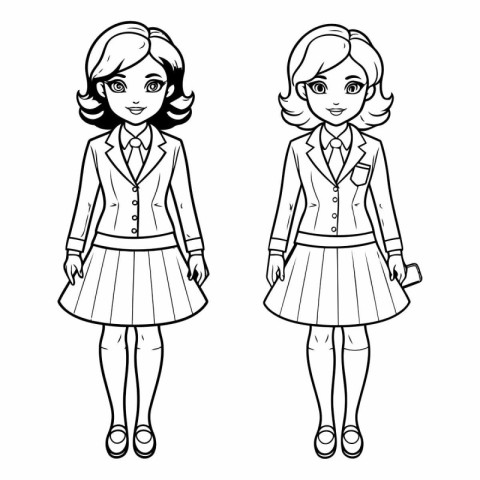 Beautiful young woman in school uniform. Coloring page