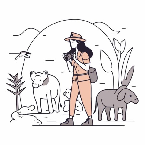 Photographer with camera and animals in linear style.