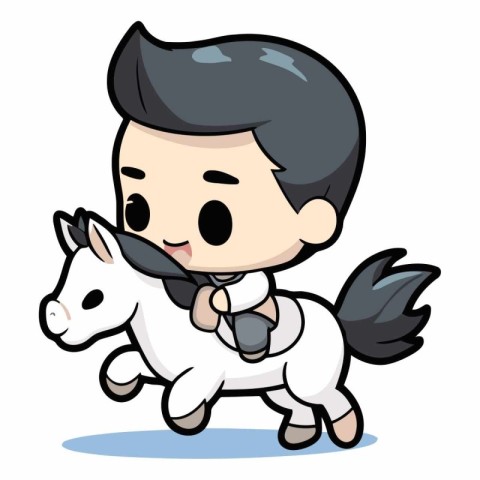 Cute little boy riding a white horse. Vector cartoon illustratio