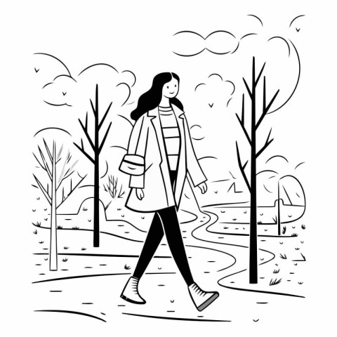 Vector illustration of a girl in a coat walking in the park.