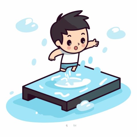 Cute boy playing in the pool in cartoon style.