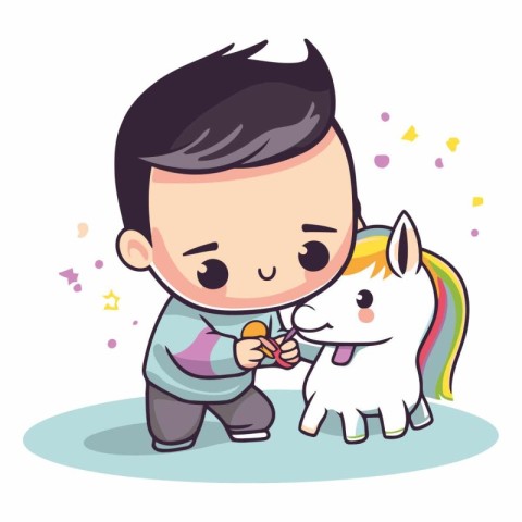 Cute little boy playing with his horse. Vector cartoon illustrat